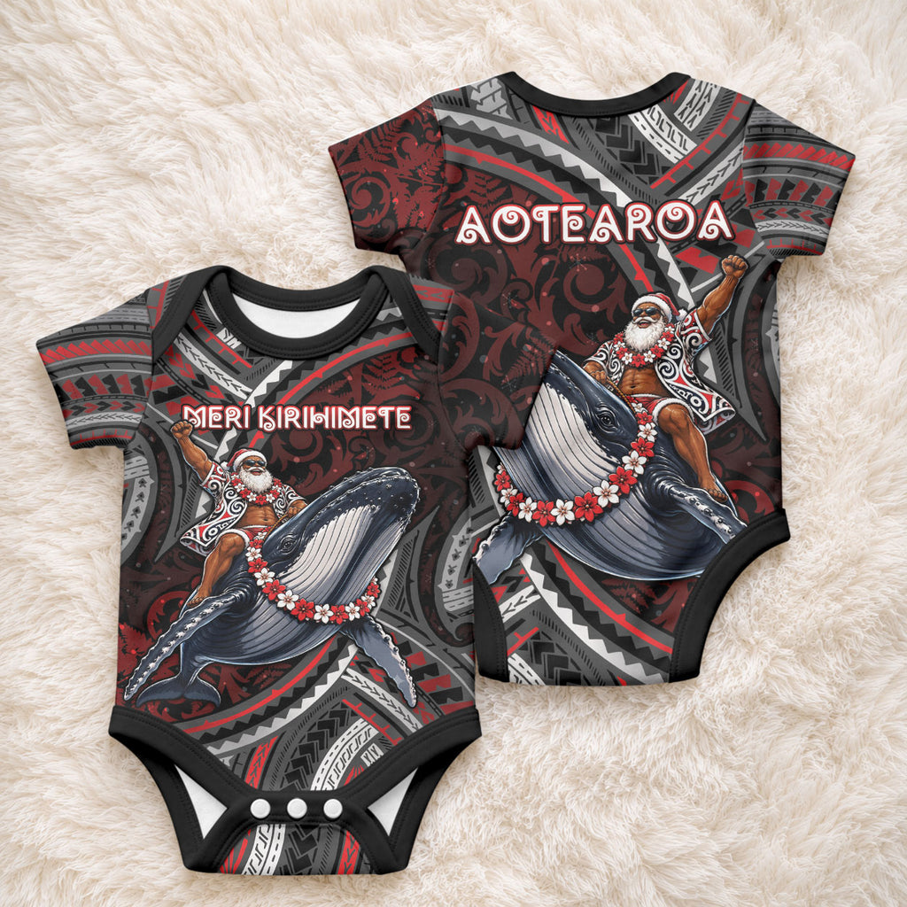 Aotearoa Christmas Baby Onesie Santa Riding Humpback Whale Maori Koru