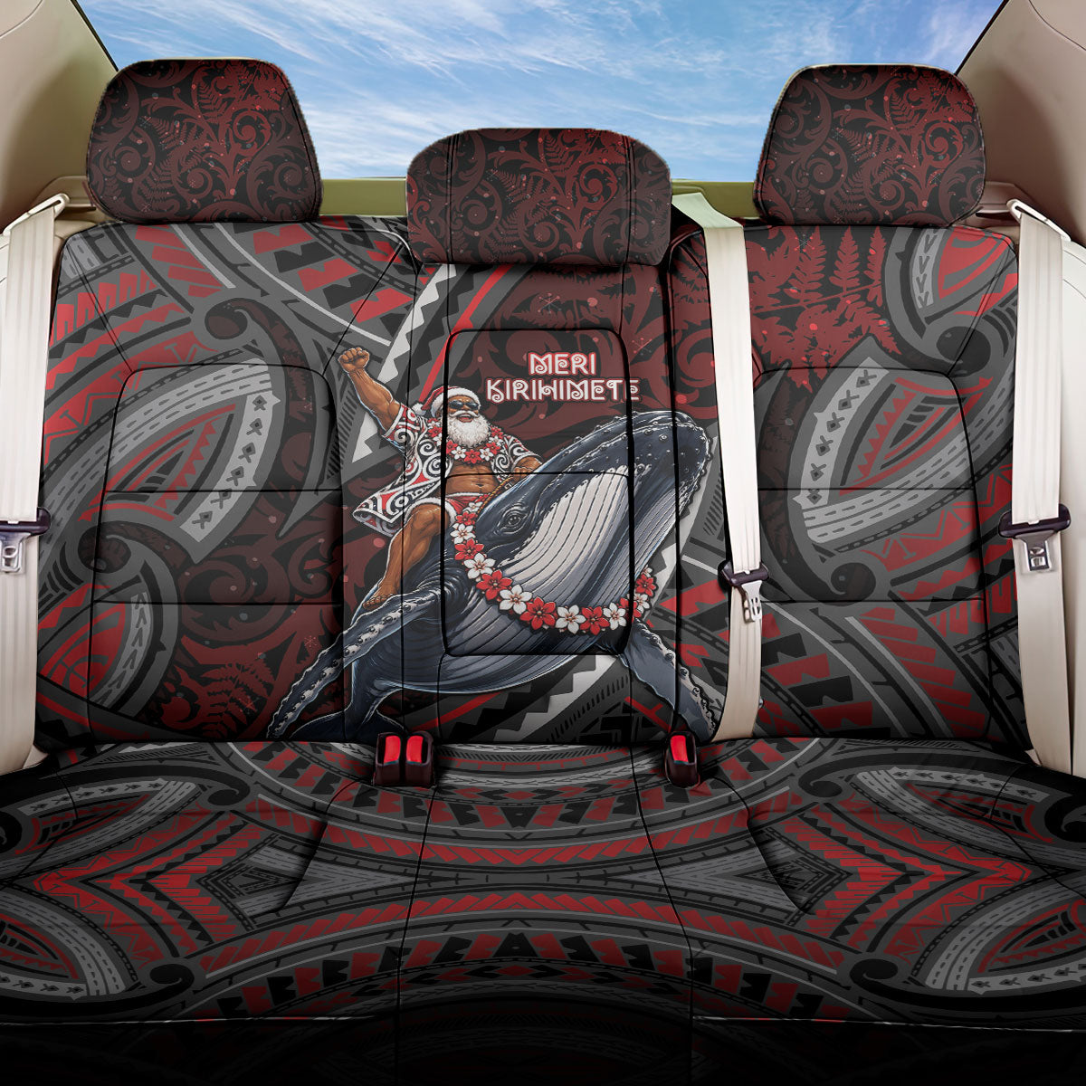 Aotearoa Christmas Back Car Seat Cover Santa Riding Humpback Whale Maori Koru