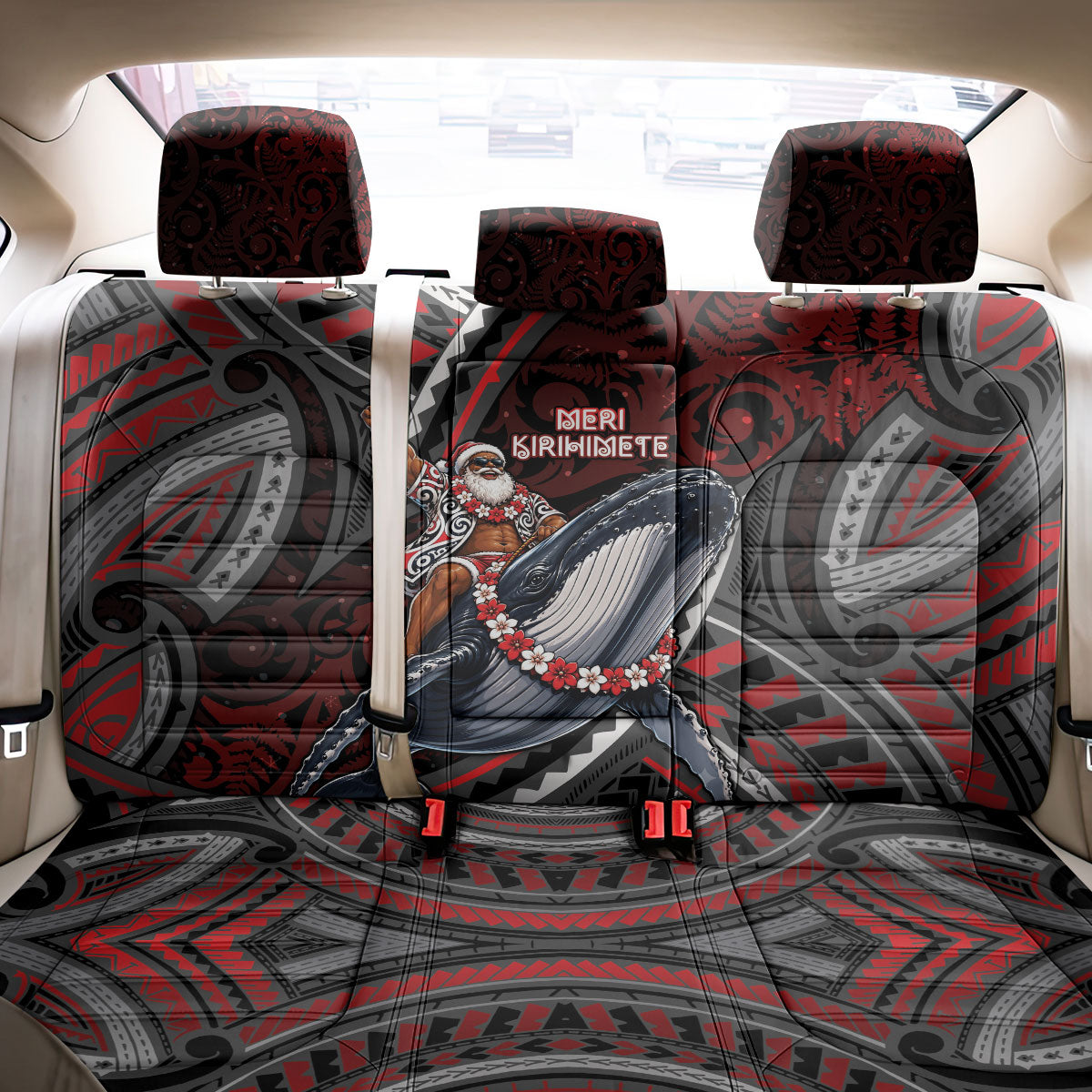 Aotearoa Christmas Back Car Seat Cover Santa Riding Humpback Whale Maori Koru
