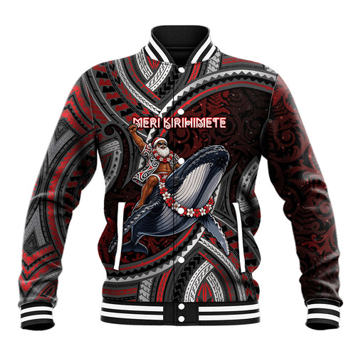 Aotearoa Christmas Baseball Jacket Santa Riding Humpback Whale Maori Koru