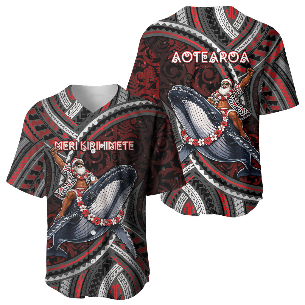 Aotearoa Christmas Baseball Jersey Santa Riding Humpback Whale Maori Koru