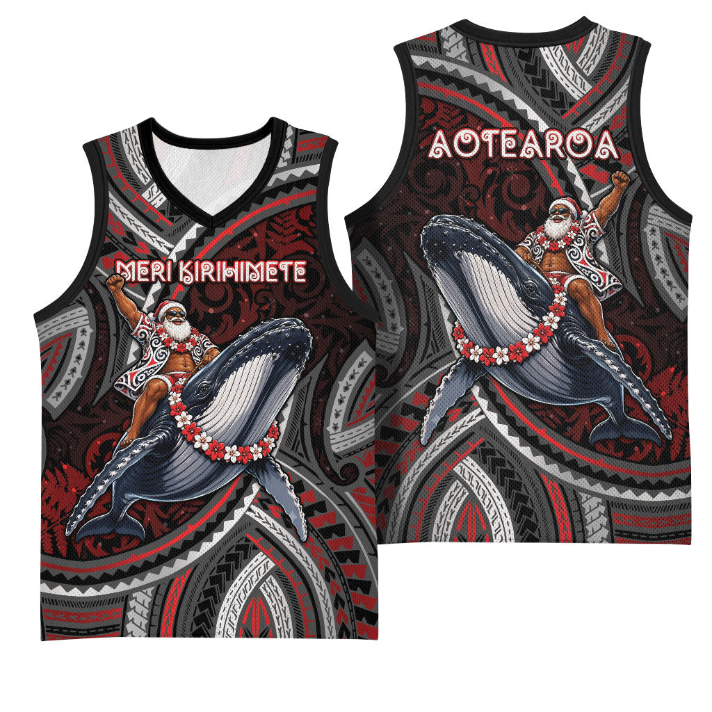 Aotearoa Christmas Basketball Jersey Santa Riding Humpback Whale Maori Koru