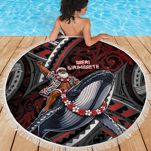 Aotearoa Christmas Beach Blanket Santa Riding Humpback Whale Maori Koru
