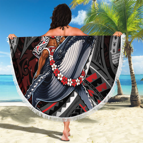 Aotearoa Christmas Beach Blanket Santa Riding Humpback Whale Maori Koru
