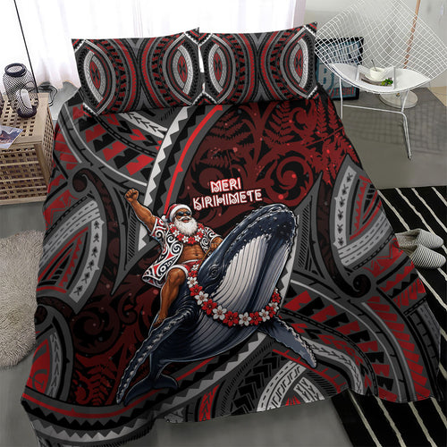 Aotearoa Christmas Bedding Set Santa Riding Humpback Whale Maori Koru