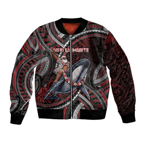 Aotearoa Christmas Bomber Jacket Santa Riding Humpback Whale Maori Koru