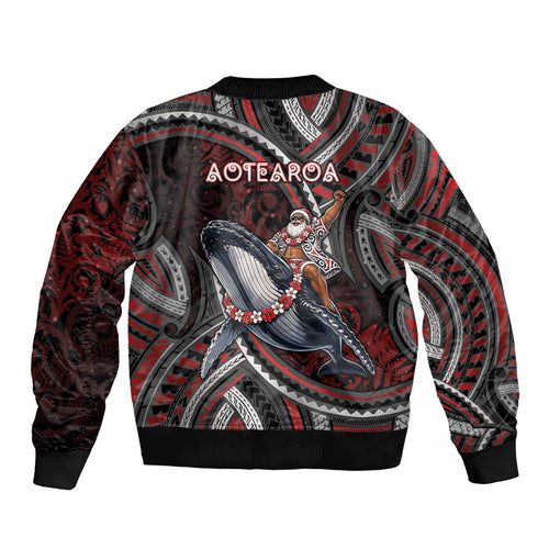 Aotearoa Christmas Bomber Jacket Santa Riding Humpback Whale Maori Koru