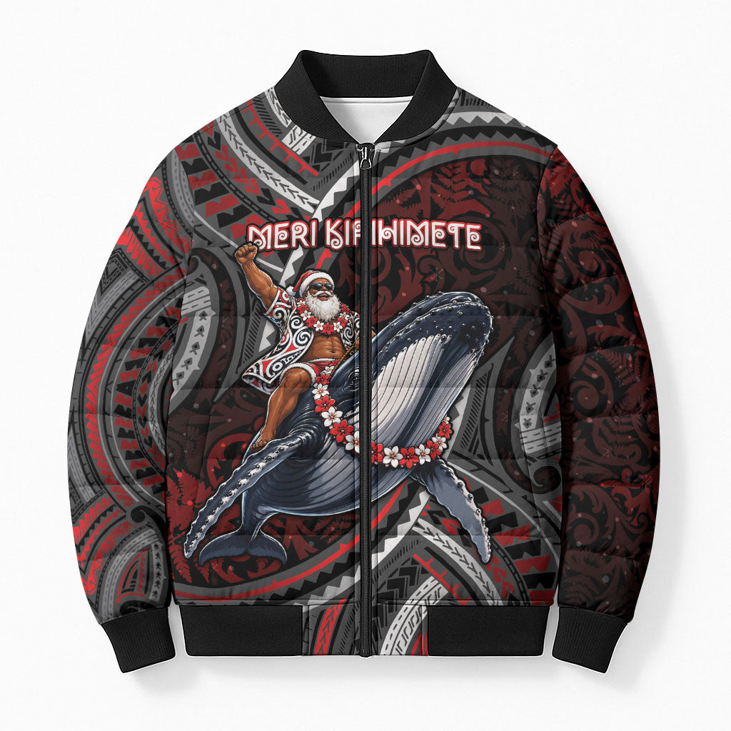 Aotearoa Christmas Bomber Puffer Jacket Santa Riding Humpback Whale Maori Koru