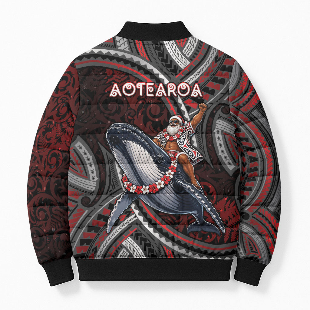 Aotearoa Christmas Bomber Puffer Jacket Santa Riding Humpback Whale Maori Koru