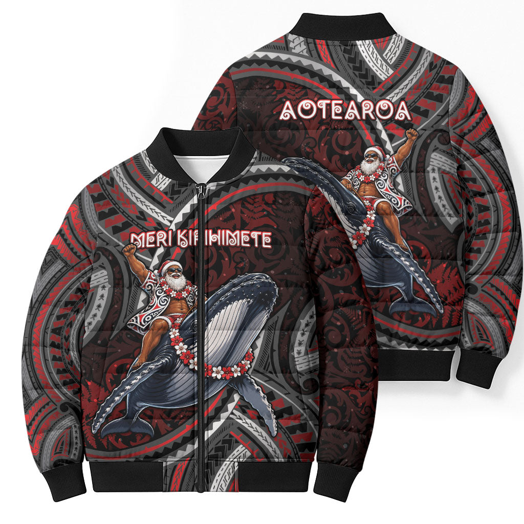 Aotearoa Christmas Bomber Puffer Jacket Santa Riding Humpback Whale Maori Koru