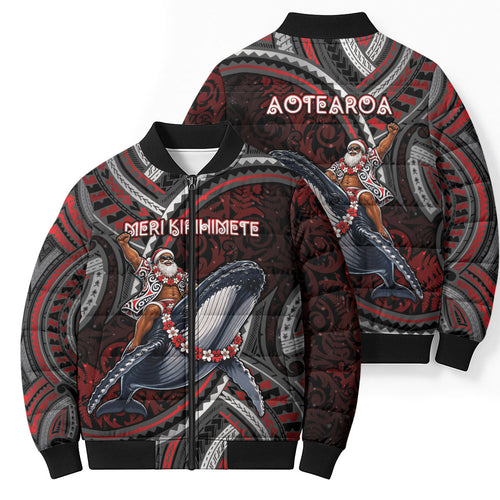 Aotearoa Christmas Bomber Puffer Jacket Santa Riding Humpback Whale Maori Koru