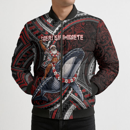Aotearoa Christmas Bomber Puffer Jacket Santa Riding Humpback Whale Maori Koru