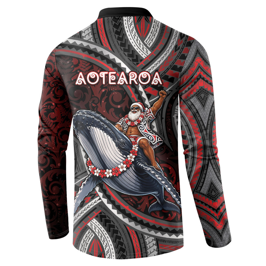 Aotearoa Christmas Button Sweatshirt Santa Riding Humpback Whale Maori Koru
