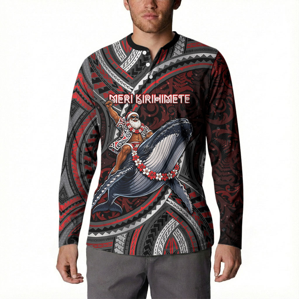 Aotearoa Christmas Button Sweatshirt Santa Riding Humpback Whale Maori Koru