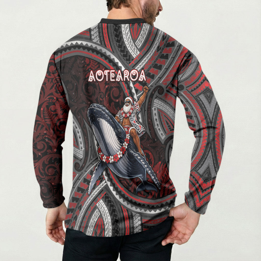 Aotearoa Christmas Button Sweatshirt Santa Riding Humpback Whale Maori Koru