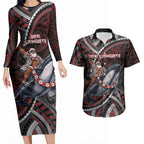 Aotearoa Christmas Couples Matching Long Sleeve Bodycon Dress and Hawaiian Shirt Santa Riding Humpback Whale Maori Koru