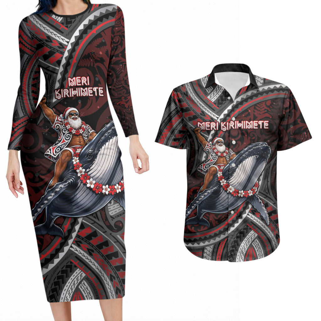 Aotearoa Christmas Couples Matching Long Sleeve Bodycon Dress and Hawaiian Shirt Santa Riding Humpback Whale Maori Koru