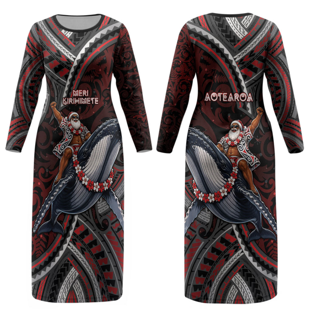 Aotearoa Christmas Couples Matching Long Sleeve Bodycon Dress and Hawaiian Shirt Santa Riding Humpback Whale Maori Koru