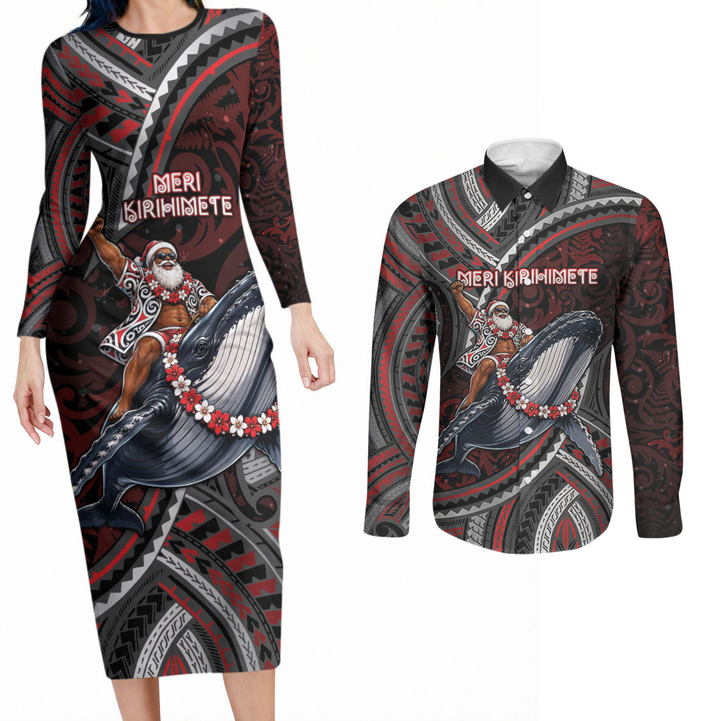 Aotearoa Christmas Couples Matching Long Sleeve Bodycon Dress and Long Sleeve Button Shirt Santa Riding Humpback Whale Maori Koru