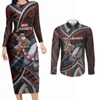 Aotearoa Christmas Couples Matching Long Sleeve Bodycon Dress and Long Sleeve Button Shirt Santa Riding Humpback Whale Maori Koru