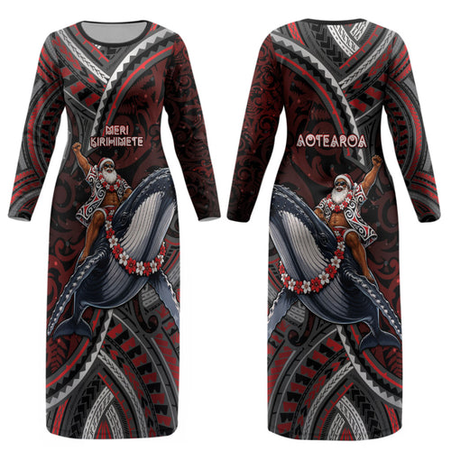 Aotearoa Christmas Couples Matching Long Sleeve Bodycon Dress and Long Sleeve Button Shirt Santa Riding Humpback Whale Maori Koru