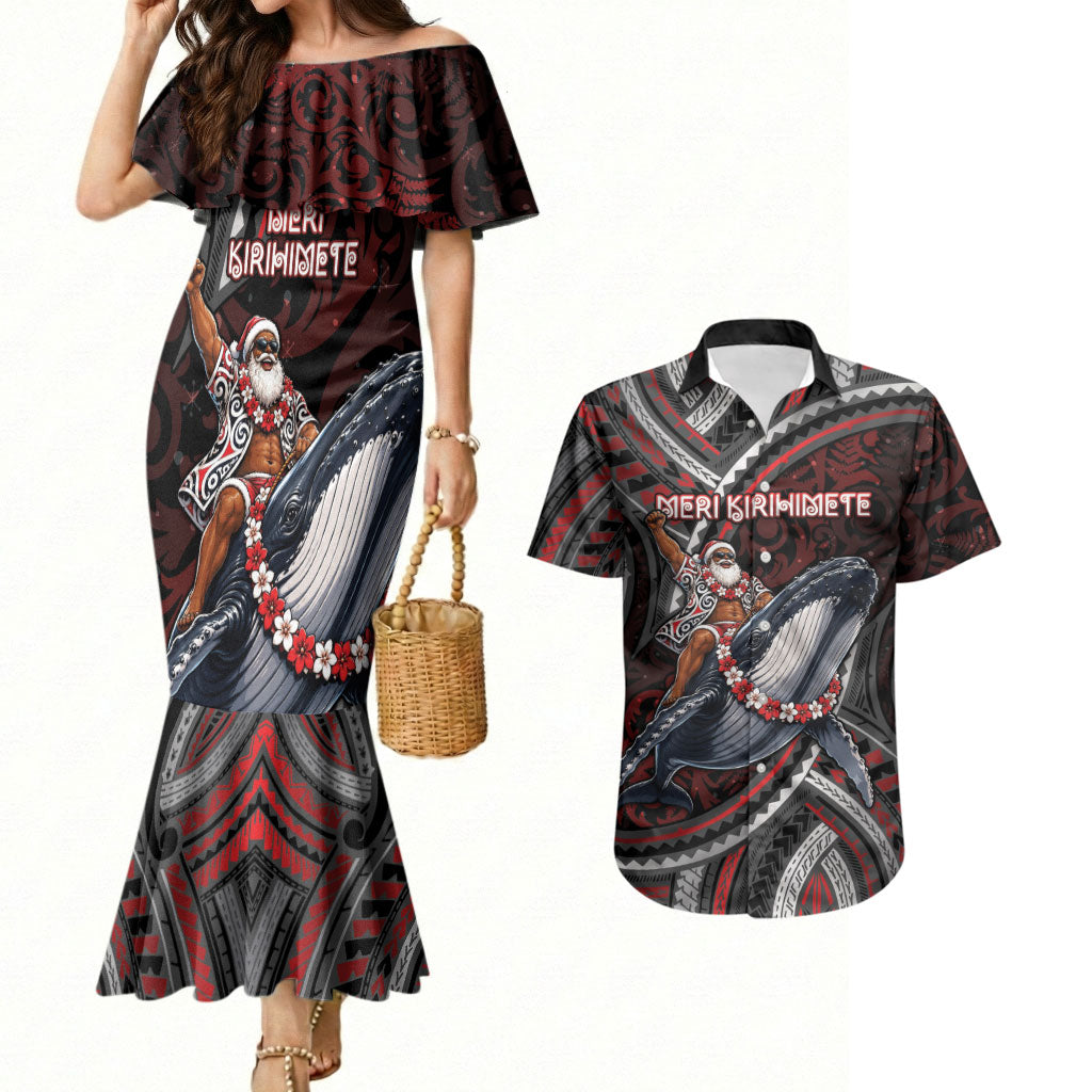 Aotearoa Christmas Couples Matching Mermaid Dress and Hawaiian Shirt Santa Riding Humpback Whale Maori Koru