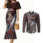 Aotearoa Christmas Couples Matching Mermaid Dress and Long Sleeve Button Shirt Santa Riding Humpback Whale Maori Koru