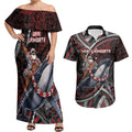 Aotearoa Christmas Couples Matching Off Shoulder Maxi Dress and Hawaiian Shirt Santa Riding Humpback Whale Maori Koru