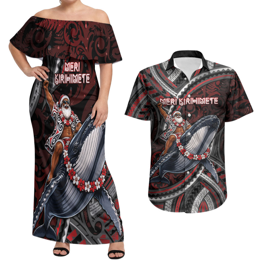 Aotearoa Christmas Couples Matching Off Shoulder Maxi Dress and Hawaiian Shirt Santa Riding Humpback Whale Maori Koru