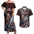 Aotearoa Christmas Couples Matching Off Shoulder Maxi Dress and Hawaiian Shirt Santa Riding Humpback Whale Maori Koru