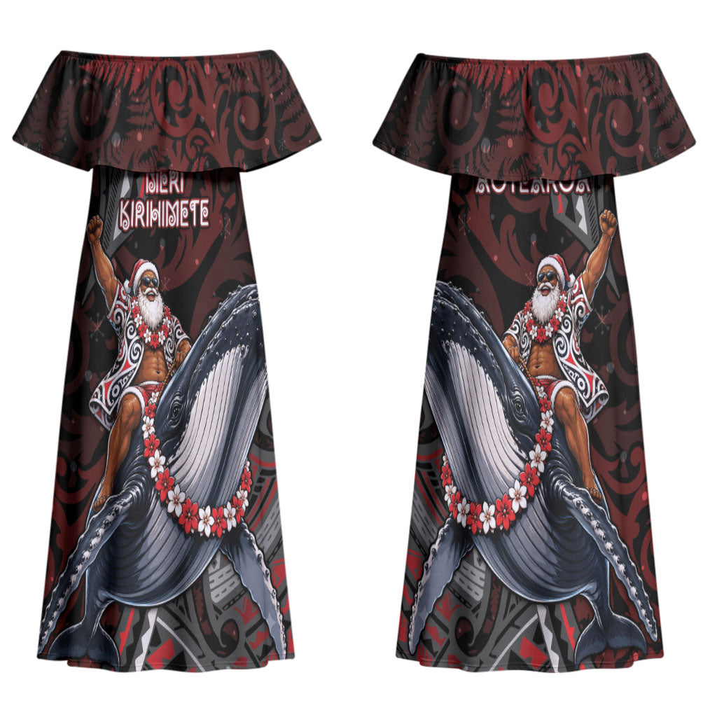 Aotearoa Christmas Couples Matching Off Shoulder Maxi Dress and Hawaiian Shirt Santa Riding Humpback Whale Maori Koru