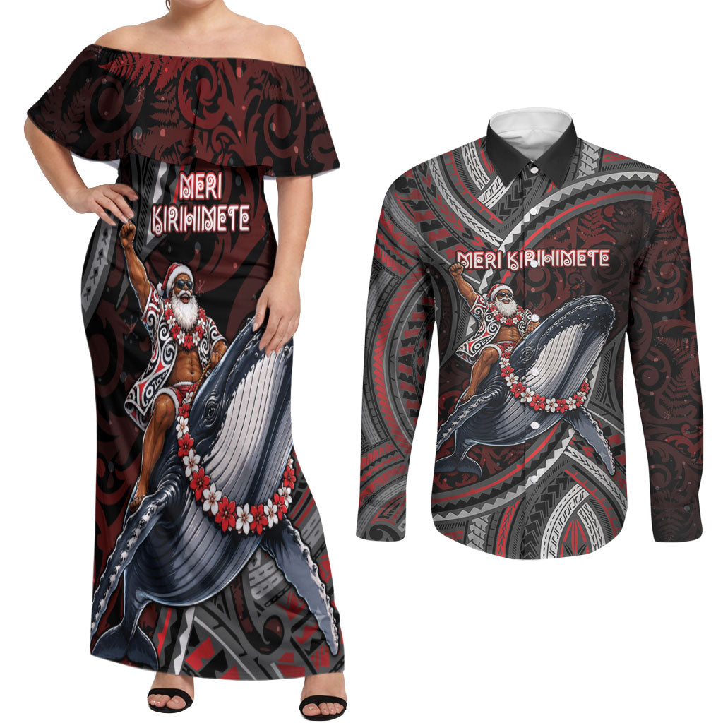 Aotearoa Christmas Couples Matching Off Shoulder Maxi Dress and Long Sleeve Button Shirt Santa Riding Humpback Whale Maori Koru