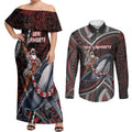 Aotearoa Christmas Couples Matching Off Shoulder Maxi Dress and Long Sleeve Button Shirt Santa Riding Humpback Whale Maori Koru