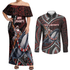 Aotearoa Christmas Couples Matching Off Shoulder Maxi Dress and Long Sleeve Button Shirt Santa Riding Humpback Whale Maori Koru