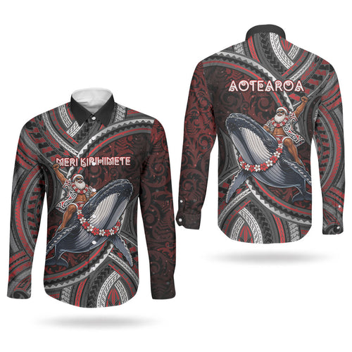 Aotearoa Christmas Couples Matching Off Shoulder Maxi Dress and Long Sleeve Button Shirt Santa Riding Humpback Whale Maori Koru