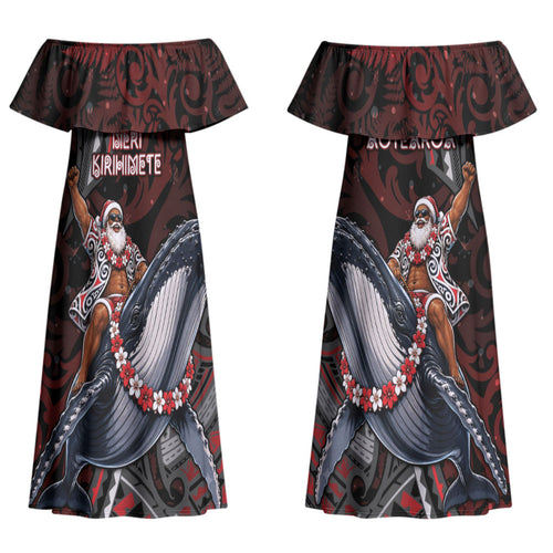 Aotearoa Christmas Couples Matching Off Shoulder Maxi Dress and Long Sleeve Button Shirt Santa Riding Humpback Whale Maori Koru