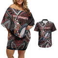 Aotearoa Christmas Couples Matching Off Shoulder Short Dress and Hawaiian Shirt Santa Riding Humpback Whale Maori Koru