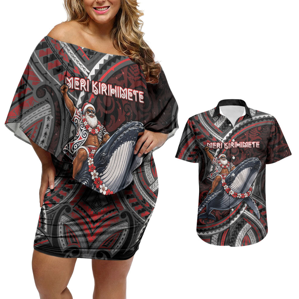 Aotearoa Christmas Couples Matching Off Shoulder Short Dress and Hawaiian Shirt Santa Riding Humpback Whale Maori Koru