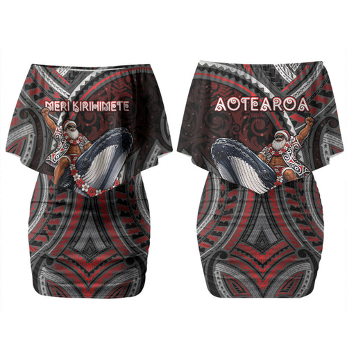 Aotearoa Christmas Couples Matching Off Shoulder Short Dress and Hawaiian Shirt Santa Riding Humpback Whale Maori Koru