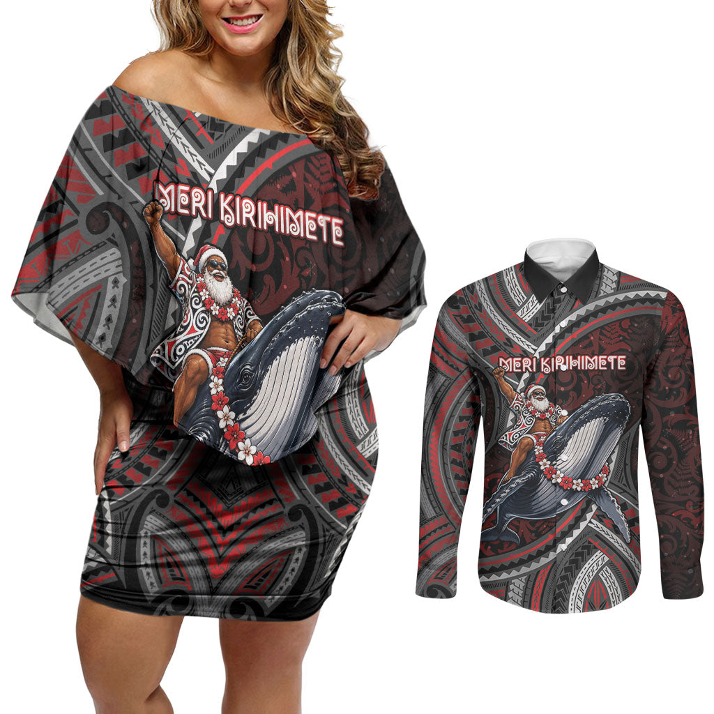 Aotearoa Christmas Couples Matching Off Shoulder Short Dress and Long Sleeve Button Shirt Santa Riding Humpback Whale Maori Koru