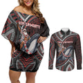 Aotearoa Christmas Couples Matching Off Shoulder Short Dress and Long Sleeve Button Shirt Santa Riding Humpback Whale Maori Koru