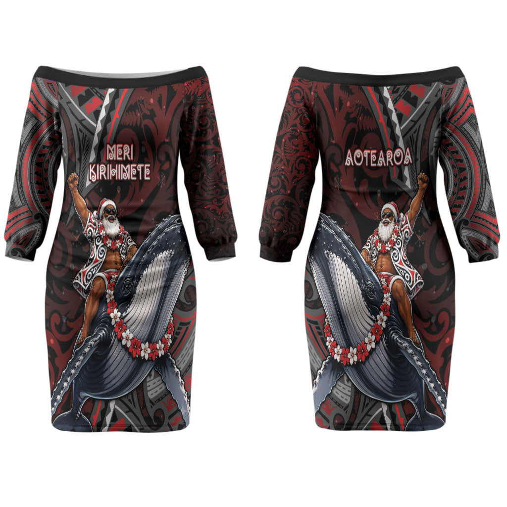 Aotearoa Christmas Couples Matching Off The Shoulder Long Sleeve Dress and Hawaiian Shirt Santa Riding Humpback Whale Maori Koru