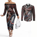 Aotearoa Christmas Couples Matching Off The Shoulder Long Sleeve Dress and Long Sleeve Button Shirt Santa Riding Humpback Whale Maori Koru
