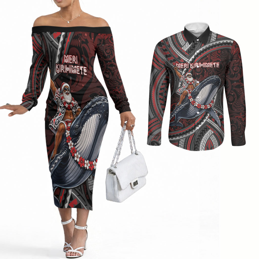 Aotearoa Christmas Couples Matching Off The Shoulder Long Sleeve Dress and Long Sleeve Button Shirt Santa Riding Humpback Whale Maori Koru
