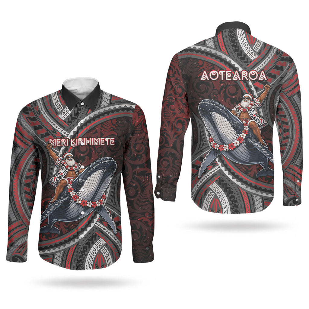 Aotearoa Christmas Couples Matching Off The Shoulder Long Sleeve Dress and Long Sleeve Button Shirt Santa Riding Humpback Whale Maori Koru