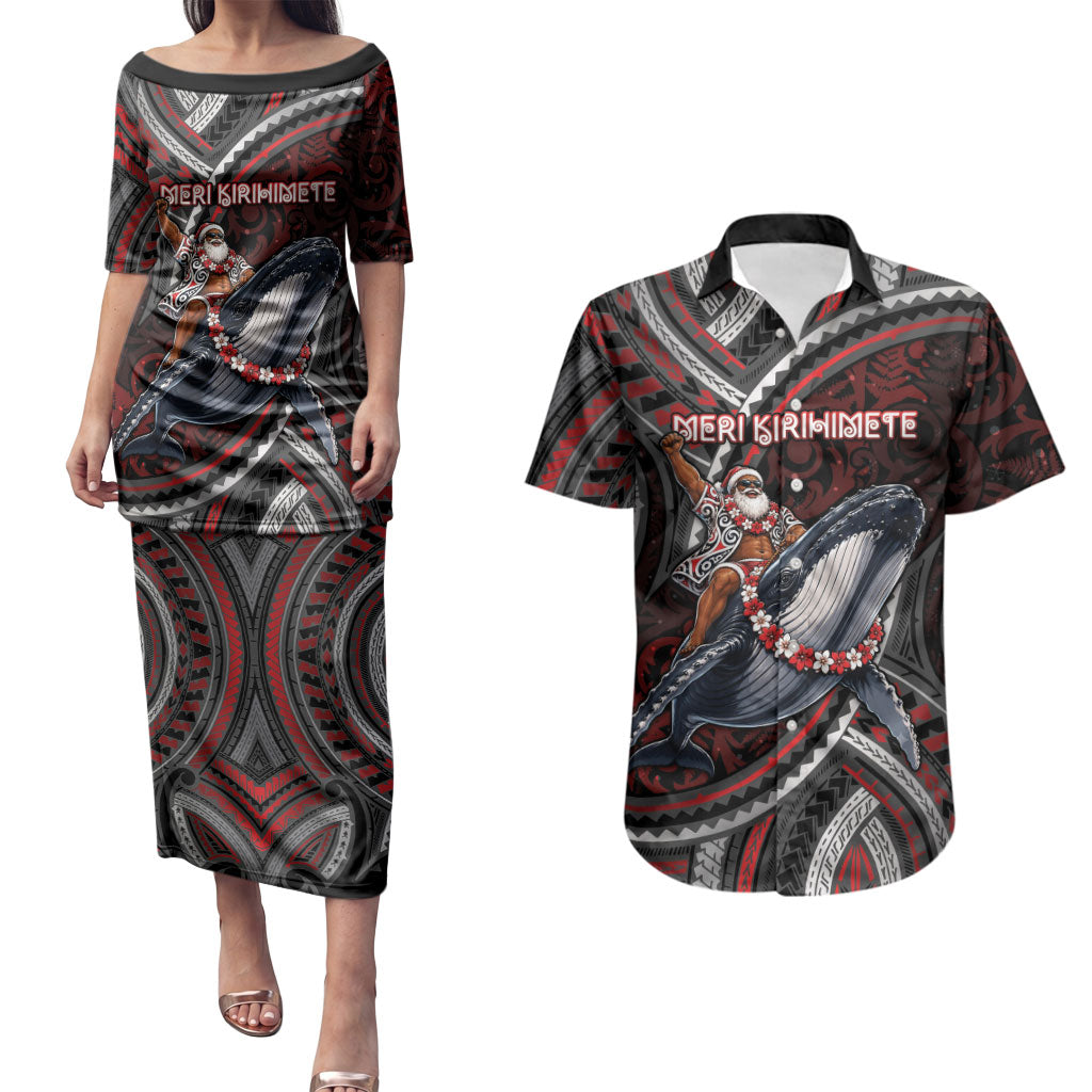 Aotearoa Christmas Couples Matching Puletasi and Hawaiian Shirt Santa Riding Humpback Whale Maori Koru