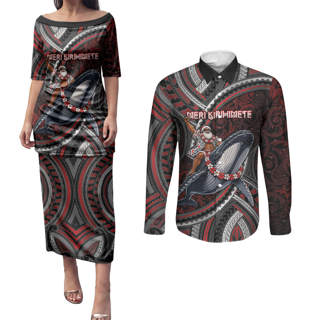 Aotearoa Christmas Couples Matching Puletasi and Long Sleeve Button Shirt Santa Riding Humpback Whale Maori Koru