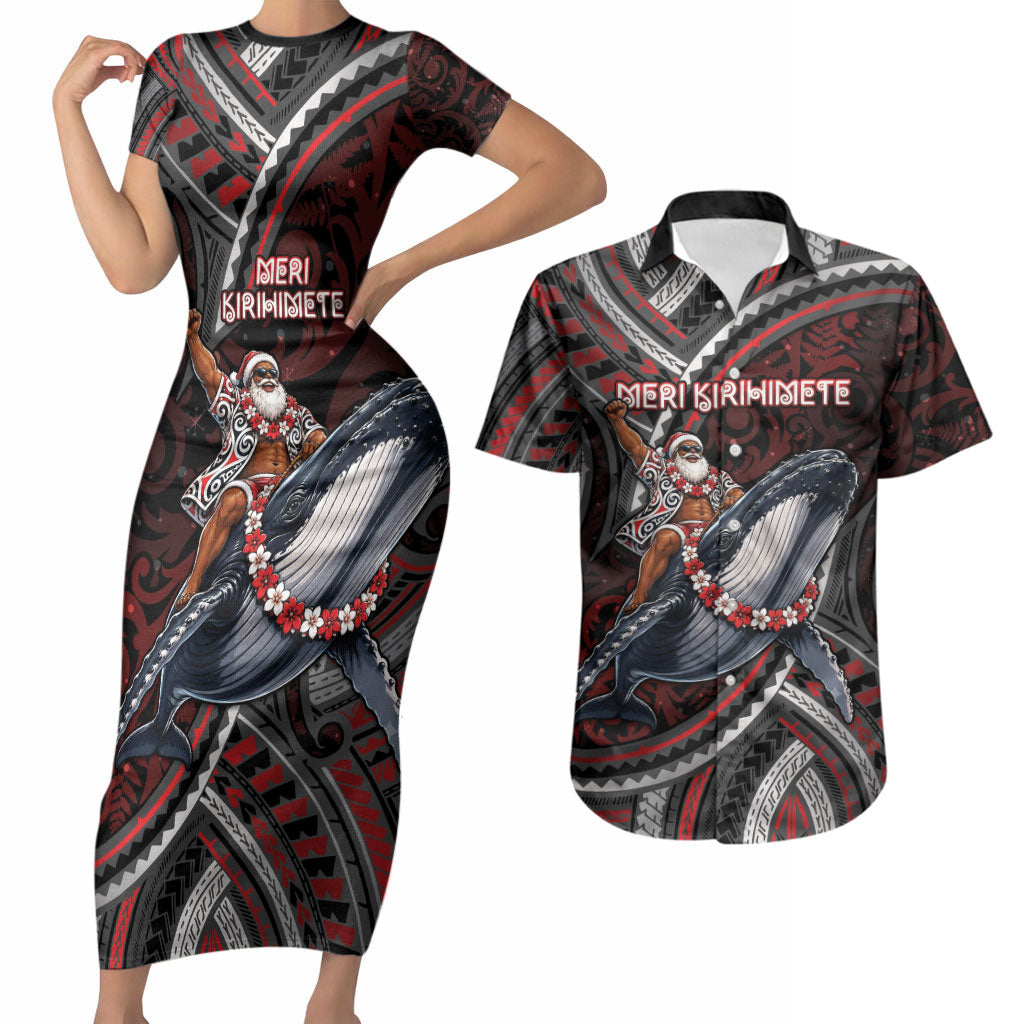 Aotearoa Christmas Couples Matching Short Sleeve Bodycon Dress and Hawaiian Shirt Santa Riding Humpback Whale Maori Koru