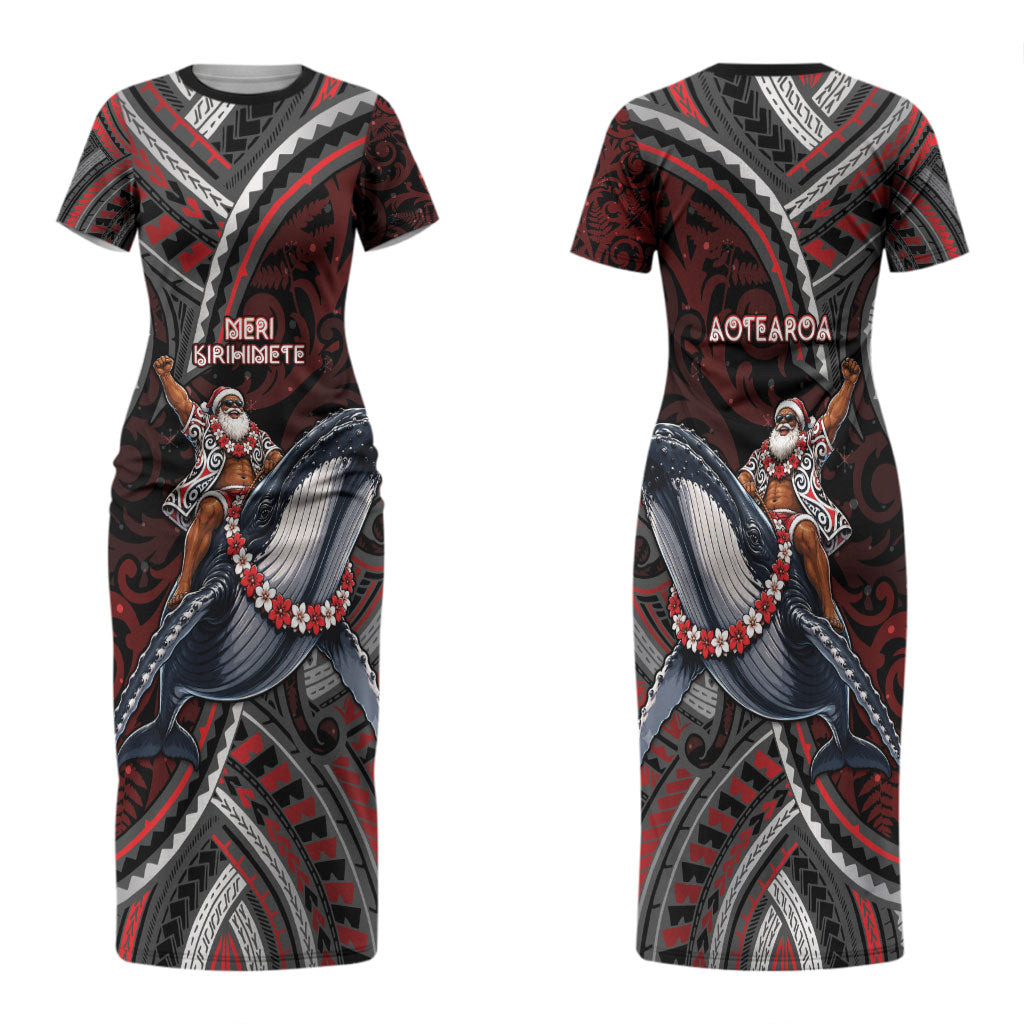 Aotearoa Christmas Couples Matching Short Sleeve Bodycon Dress and Hawaiian Shirt Santa Riding Humpback Whale Maori Koru