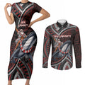 Aotearoa Christmas Couples Matching Short Sleeve Bodycon Dress and Long Sleeve Button Shirt Santa Riding Humpback Whale Maori Koru